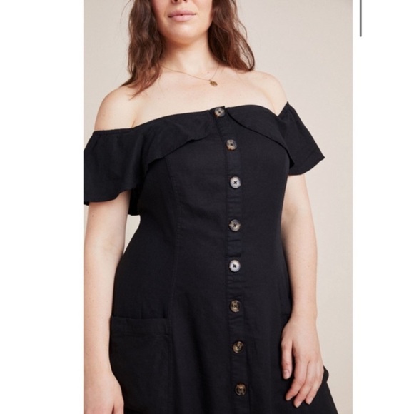 Anthropologie Oahu Black Off the Shoulder Midi Dress Linen Blend Milkmaid 20W - Picture 2 of 13